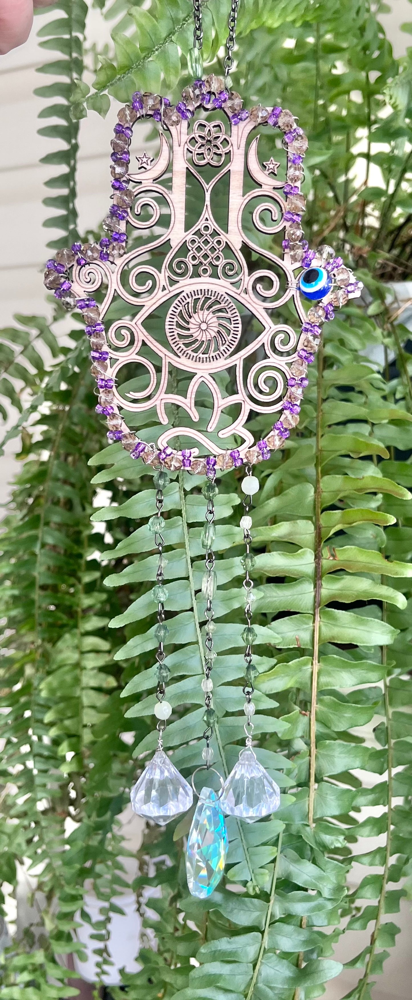 Hamsa Hand Suncatcher with Beads & Crystal Prisms | Protection & Light Decor