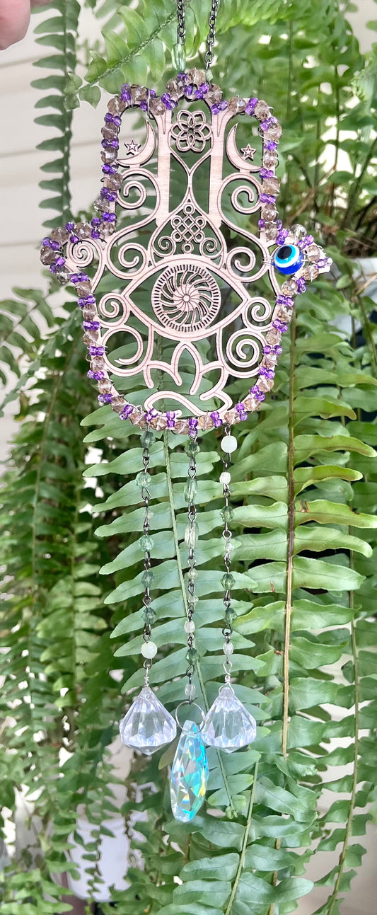 Hamsa Hand Suncatcher with Beads & Crystal Prisms | Protection & Light Decor