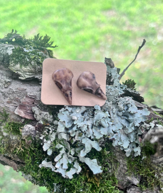 Brown Resin Crow Skull Stud Earrings | Gothic Nature-Inspired Earrings