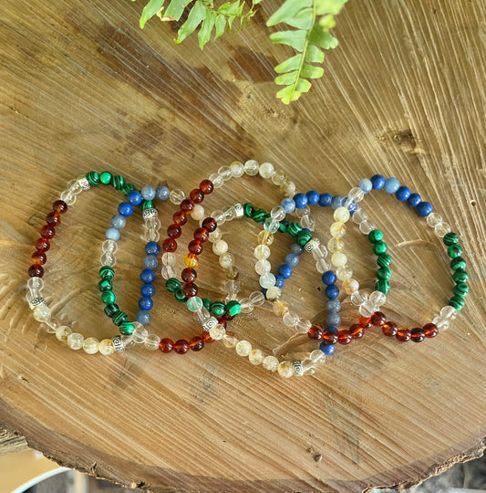 “Overcome Fear” Stretchy Bracelet with Amber, Lapis Lazuli, Citrine, Malachite & White Quartz