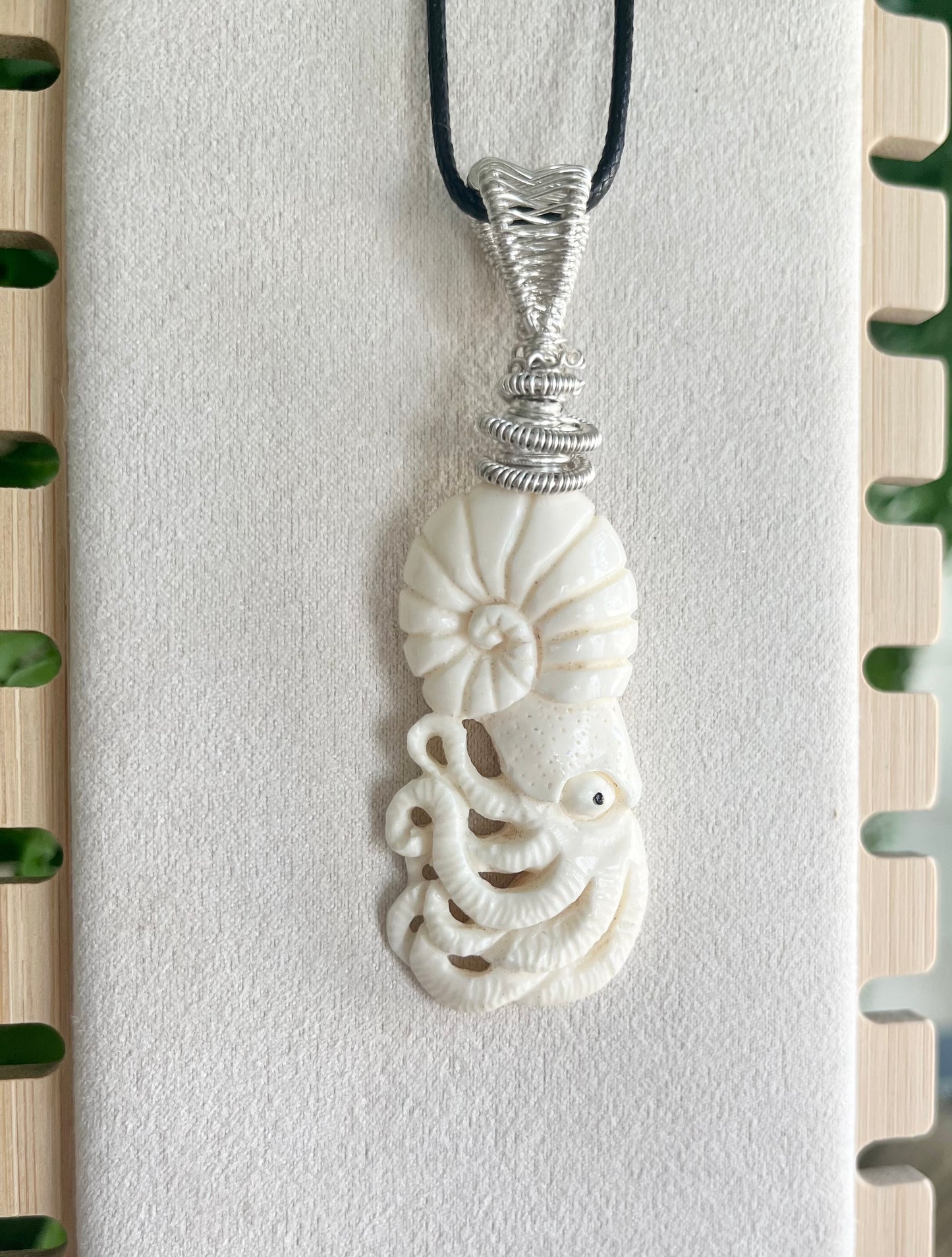 Carved Bone Squid in silver wire, pendant/necklace