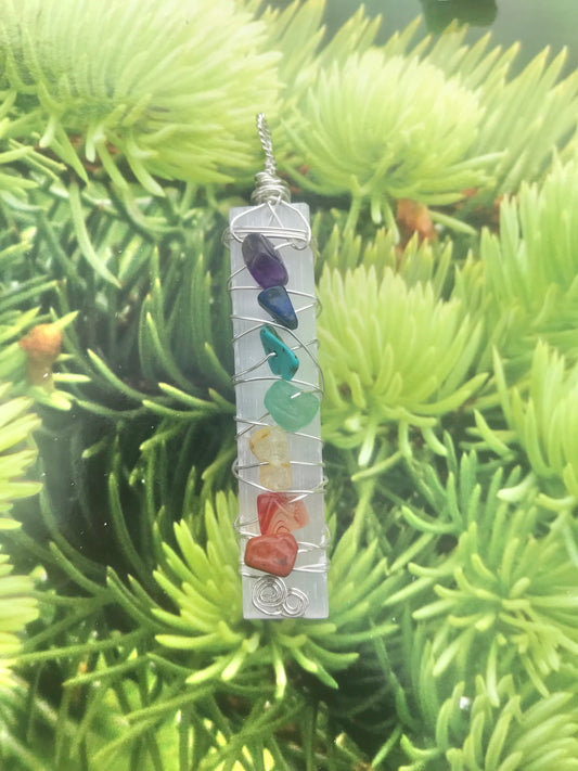 Chakra Selenite in silver wire pendant necklace