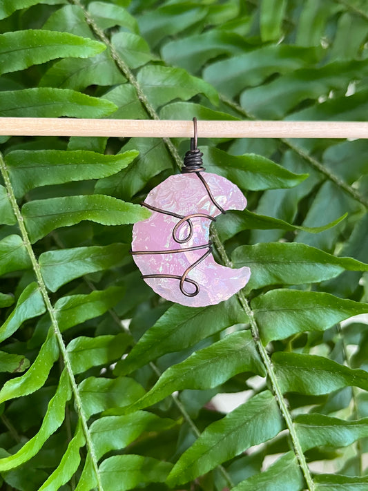 Aura Rose Quartz Crescent Moon Pendant – Wire Wrapped in Copper