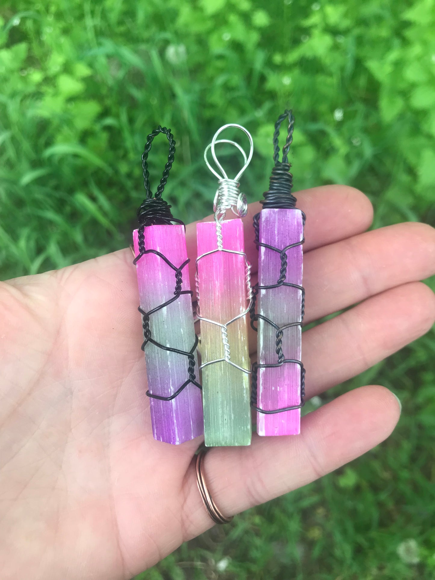 Rainbow Selenite in copper wire pendant necklace