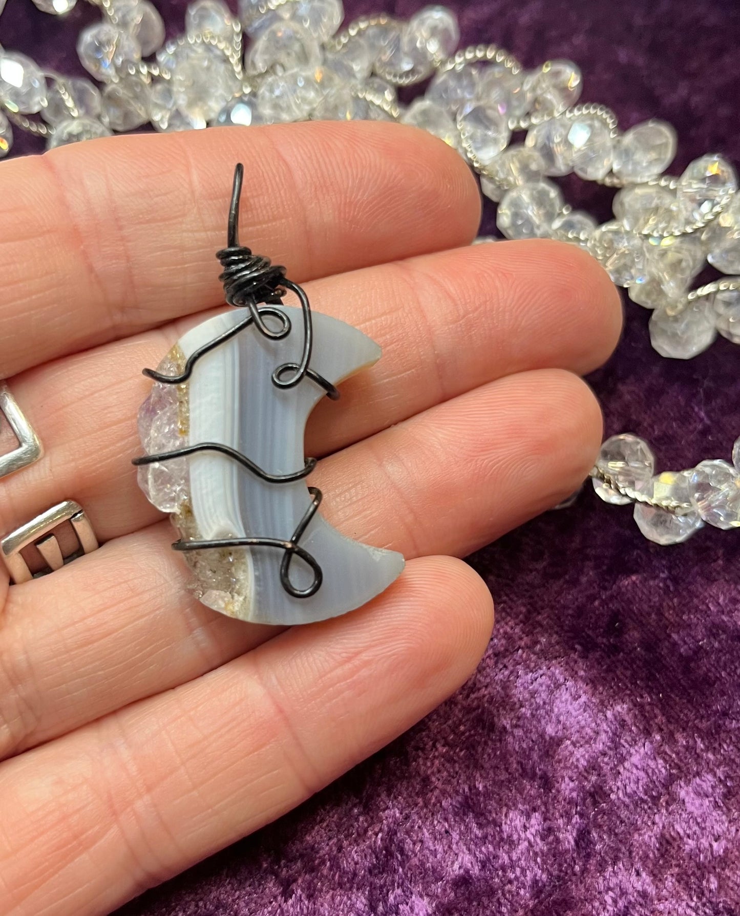 Amethyst & Agate Crescent Moon Pendant — Black Wire-Wrapped Crystal Necklace