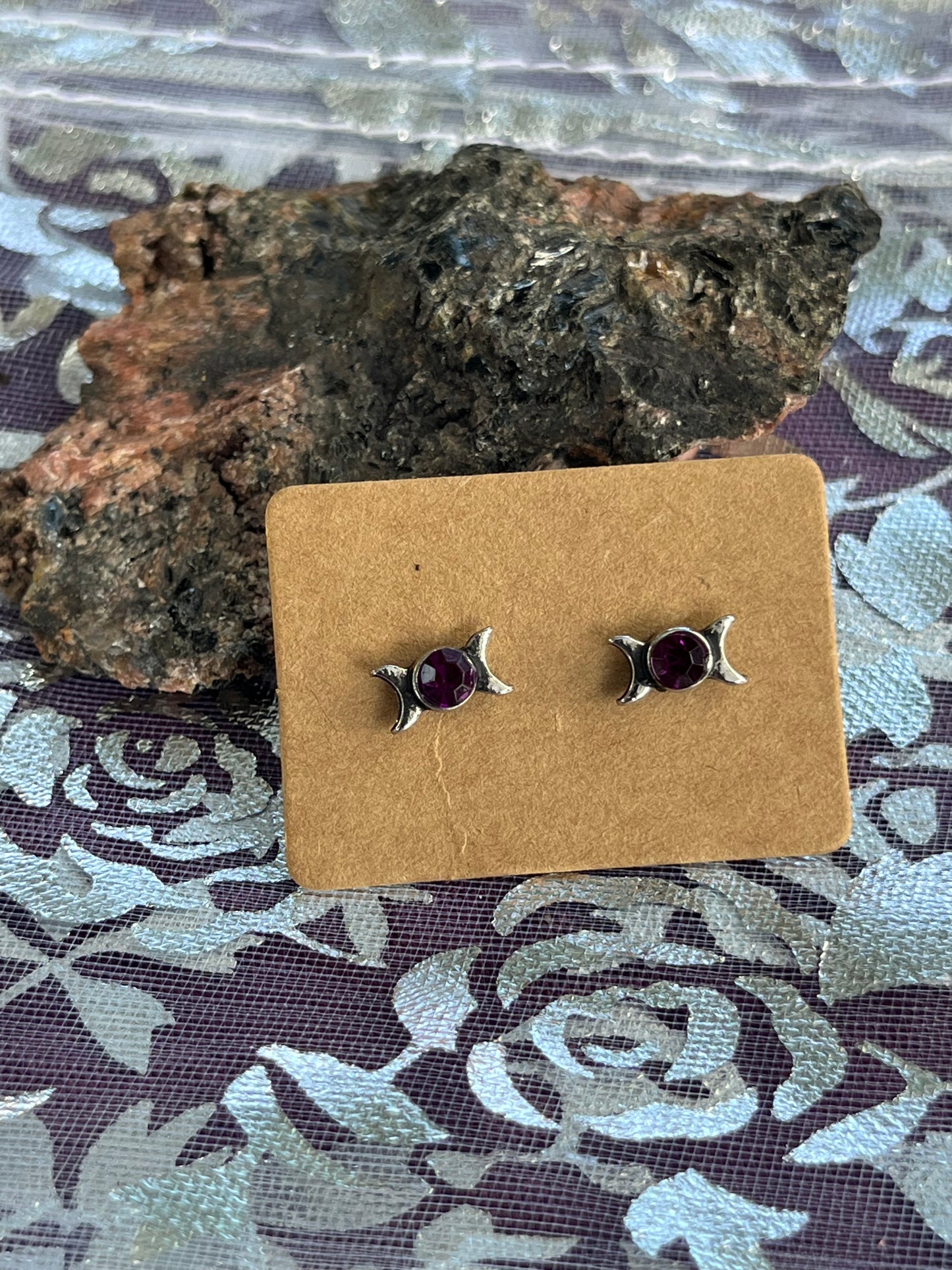 Triple Moon Purple Stone Stud Earrings