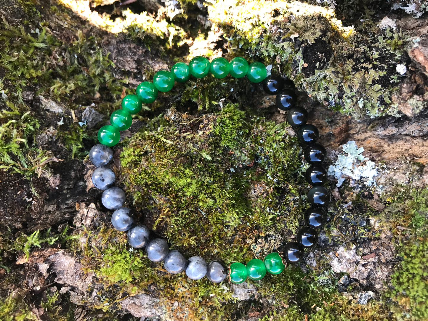 “Protection” Stretchy Bracelet with Black Labradorite, Green Jade, Obsidian beads