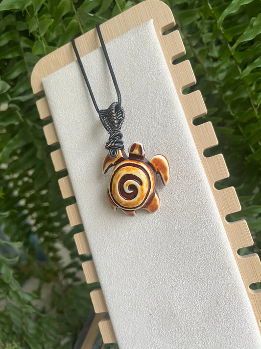 Acrylic Turtle Pendant – Copper Wire Wrapped, Antiqued Finish