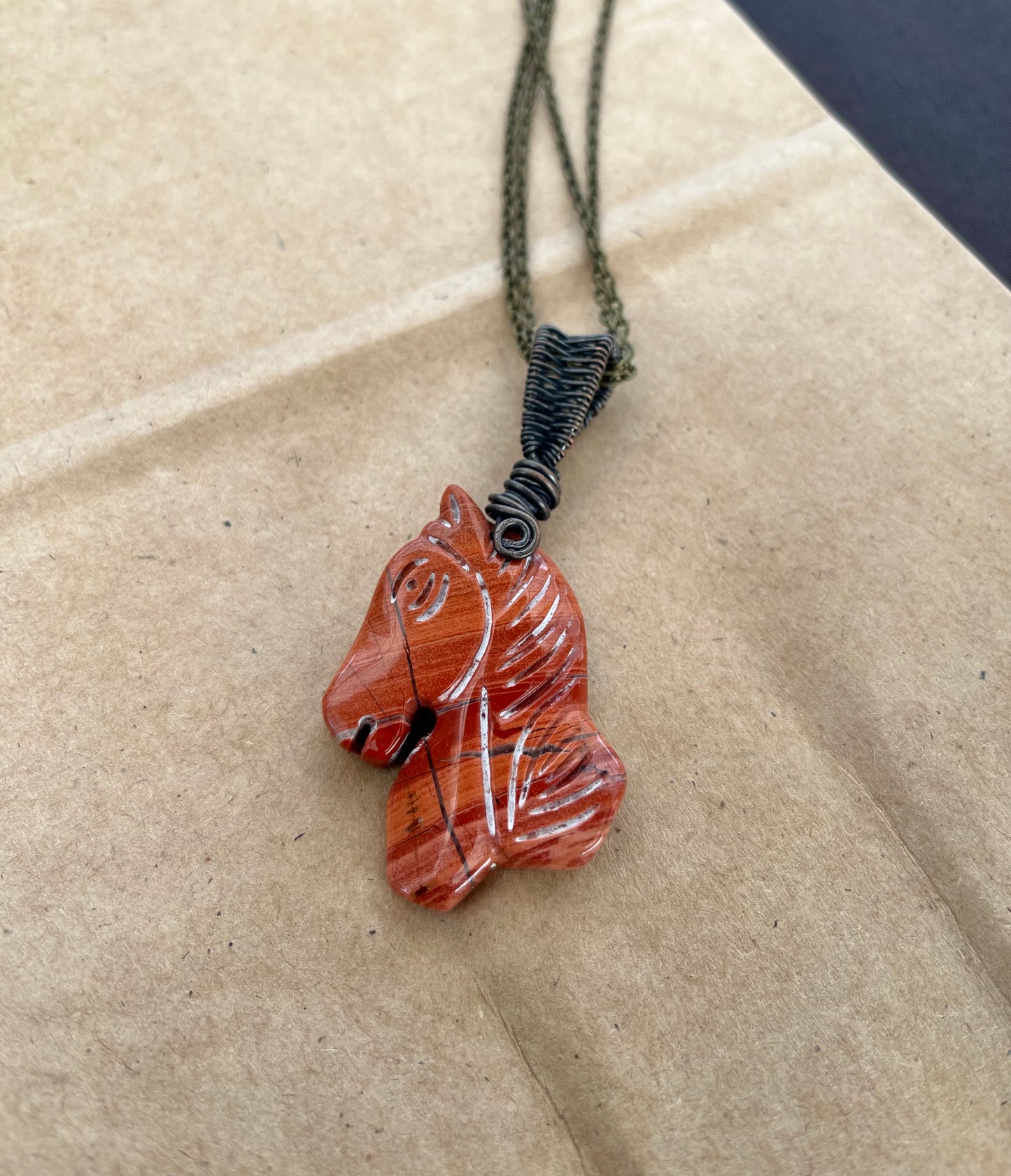 Red Jasper Carved Horse Necklace | Wire-Wrapped Bail | Strength & Grounding Stone