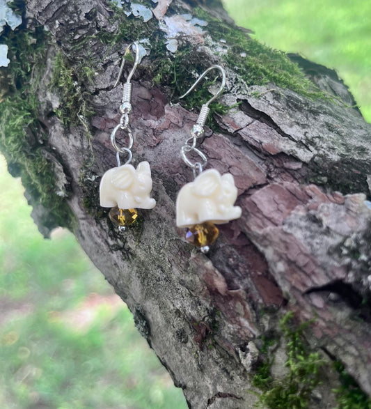 Cream Elephant Dangle Earrings with Amber Crystal Accents