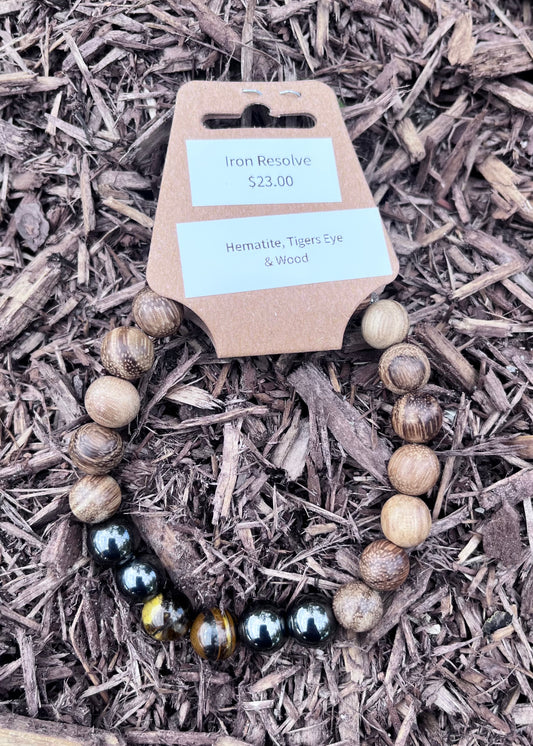 Iron Resolve Bracelet | Hematite, Tiger’s Eye & Wood Bead Bracelet | Handmade Stretch Bracelet