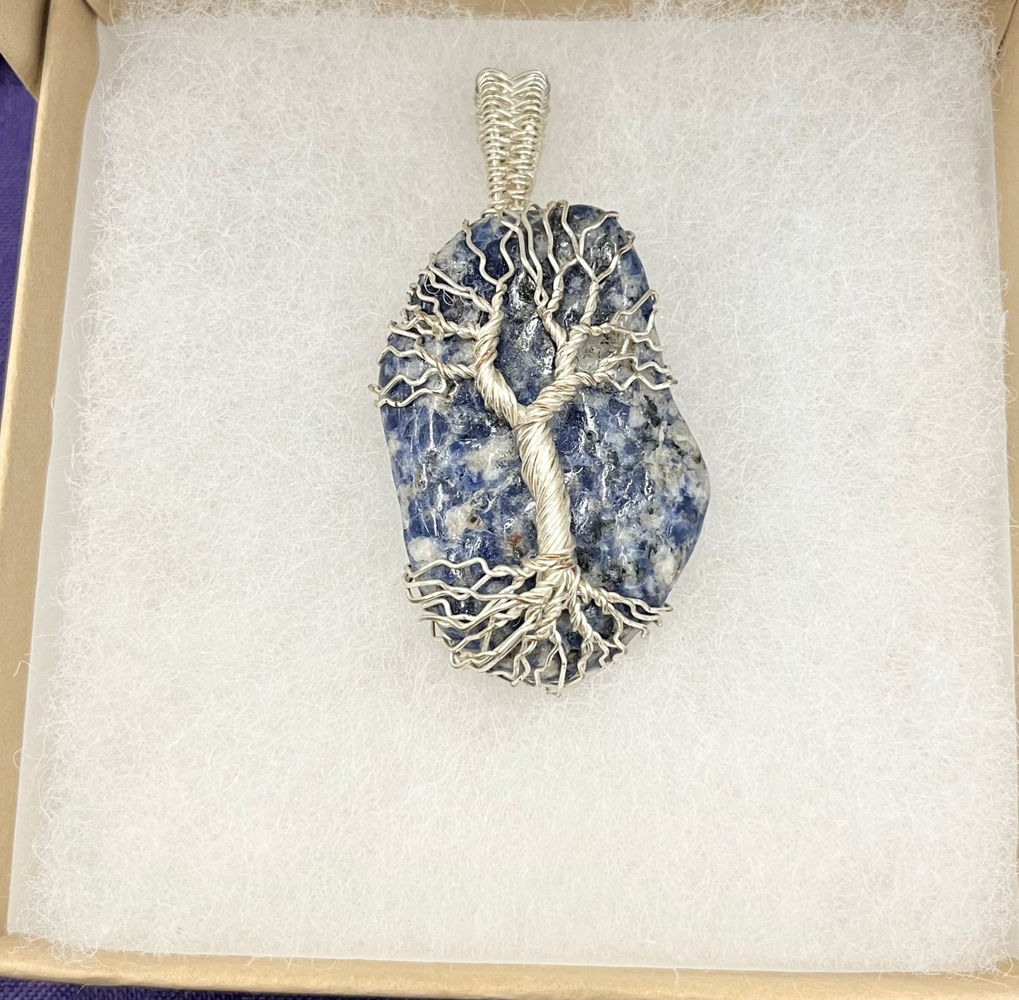 Sodalite Tree of Life pendant necklace in silver wire