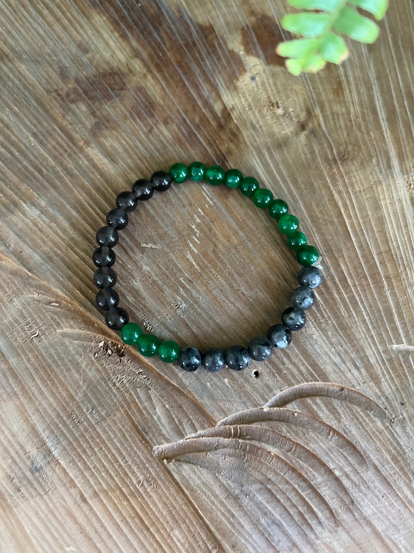 “Protection” Stretchy Bracelet with Black Labradorite, Green Jade, Obsidian beads