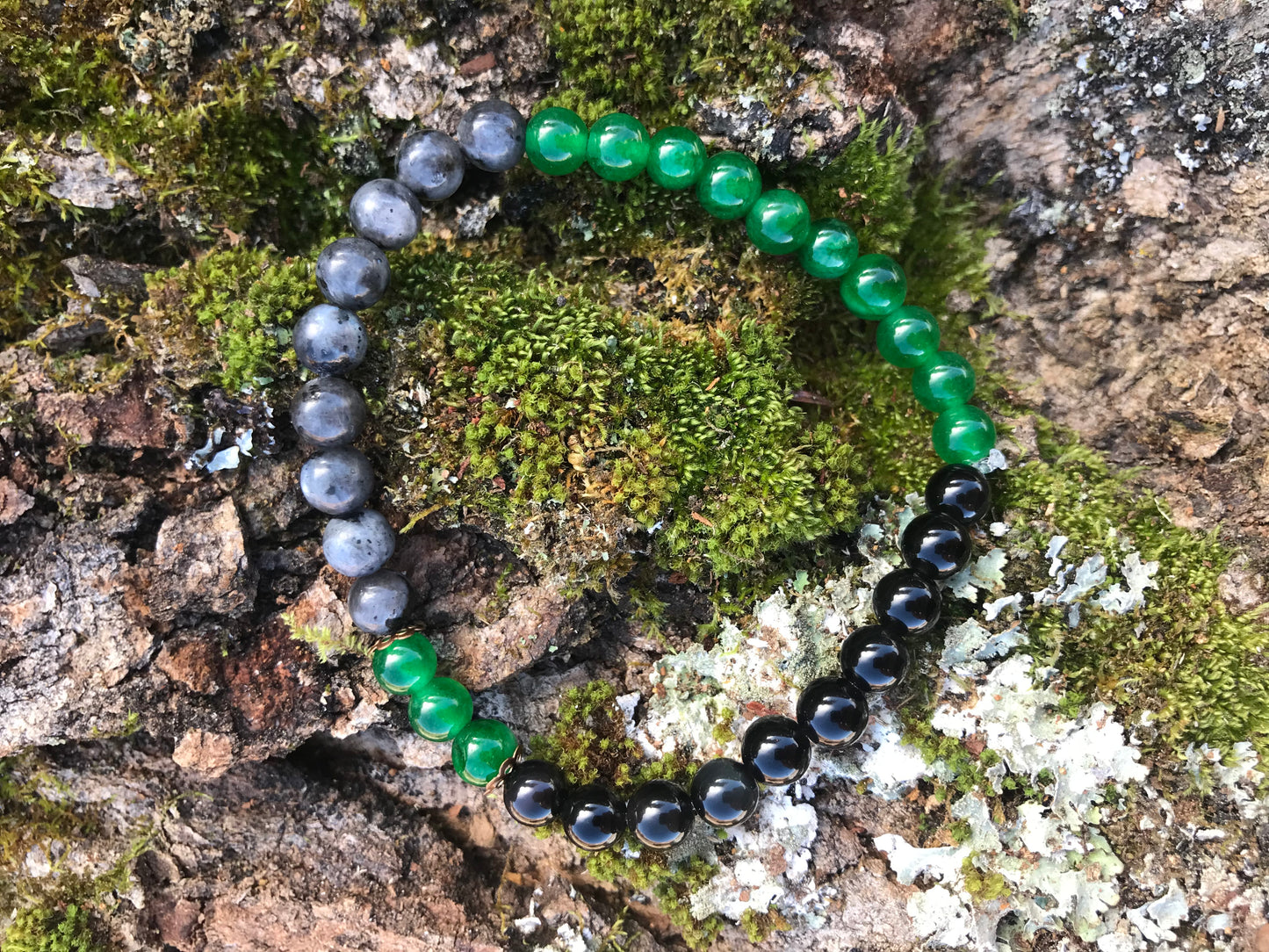 “Protection” Stretchy Bracelet with Black Labradorite, Green Jade, Obsidian beads