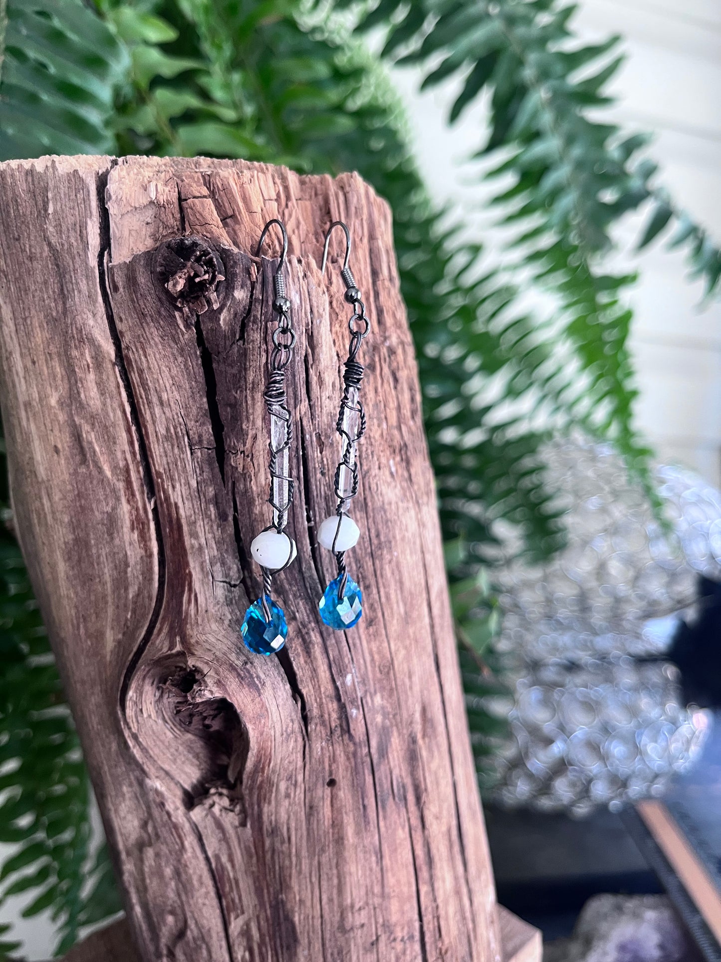 Clear Quartz Spear & Blue Crystal Drop Earrings