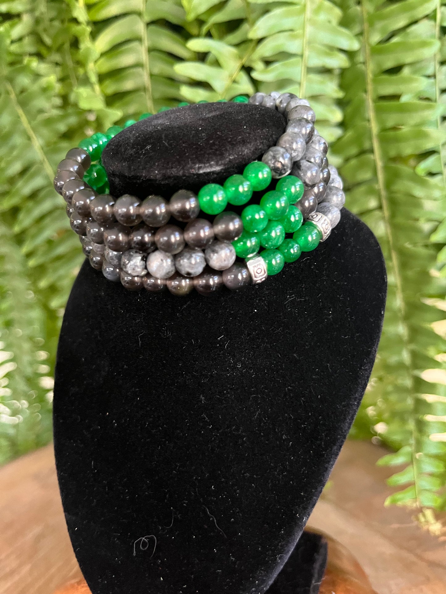 “Protection” Stretchy Bracelet with Black Labradorite, Green Jade, Obsidian beads