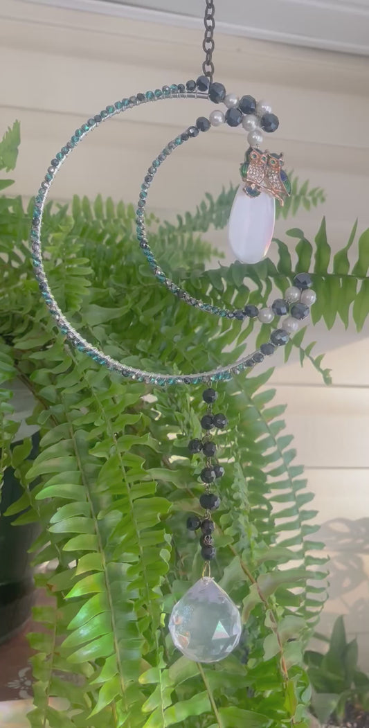 Owl on a Crescent Moon Suncatcher | Beaded Celestial Window Decor