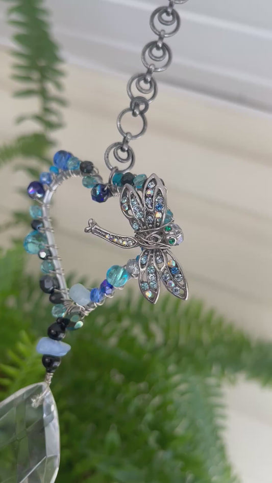 Mini Dragonfly Crystal Suncatcher | Beaded Window Hanging with Faceted Prism