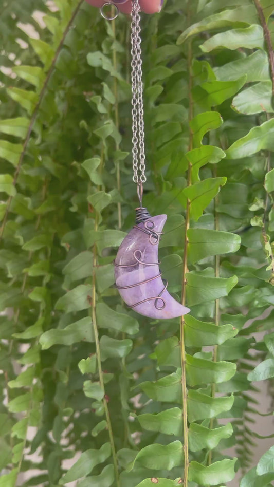 Amethyst Crescent Moon Pendant | Copper Wire-Wrapped | Intuition & Calm