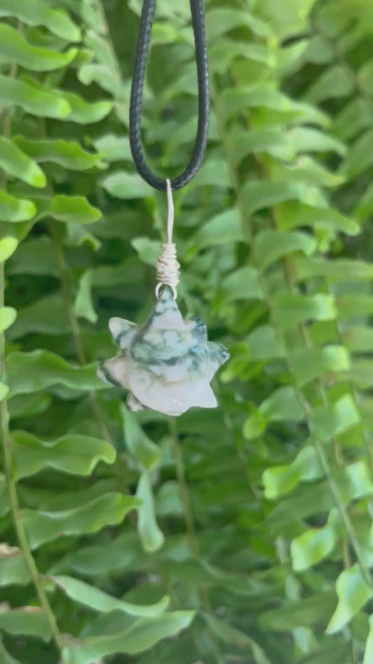 Moss Agate Sun pendant in silver wire necklace