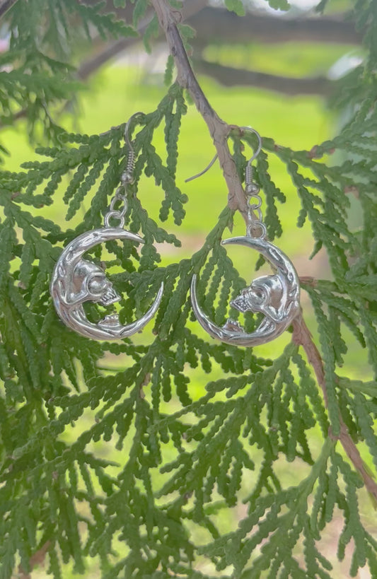 Skull on Crescent Moon Earrings on silver stainless steel hooks