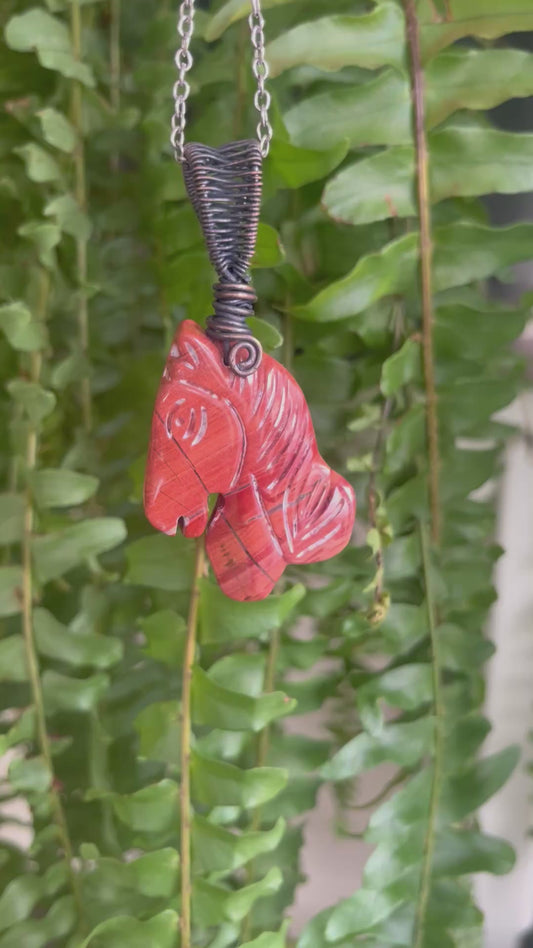 Red Jasper Carved Horse Necklace | Wire-Wrapped Bail | Strength & Grounding Stone