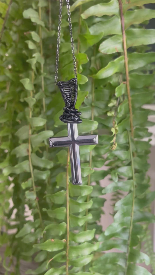 Black Obsidian Protection Cross – Wire-Wrapped Pendant